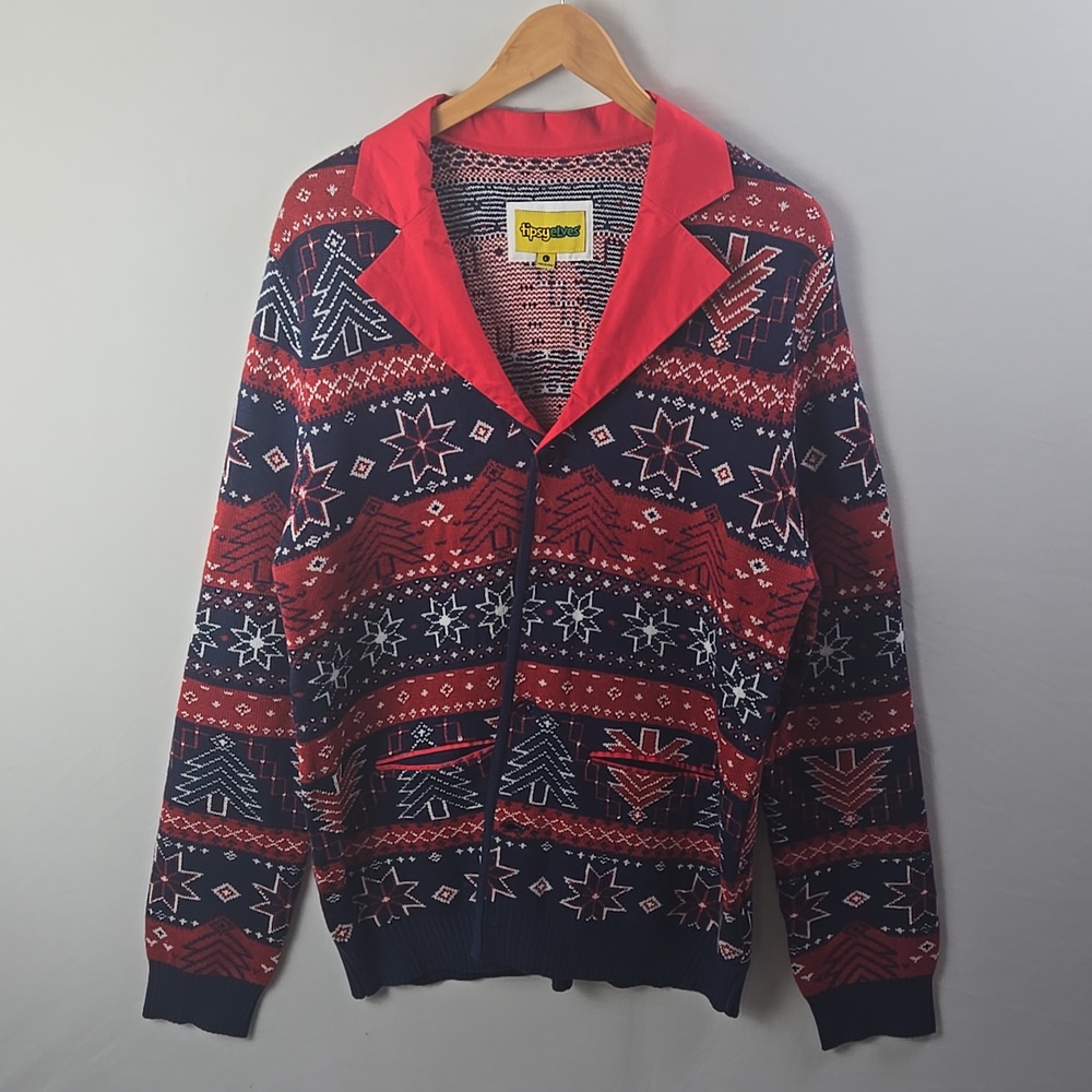 Tipsy Elves Men’s Red Blue Holiday Cardigan Sweater‎ Sz L Fair Isle Nordic Large
